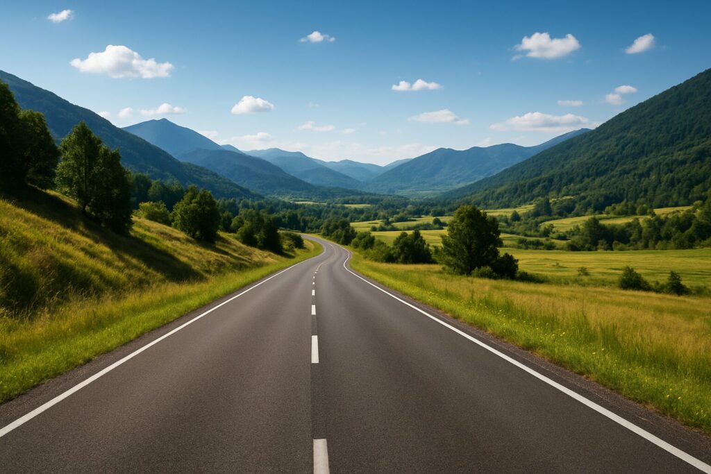 A winding road through lush green hills and mountains under a clear blue sky