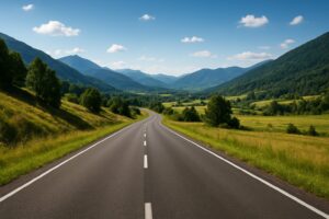 A winding road through lush green hills and mountains under a clear blue sky
