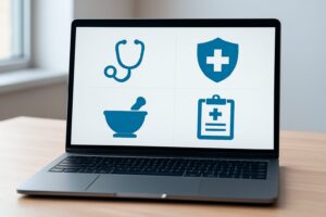 Laptop displaying healthcare-related icons like stethoscope, medication, health insurance shield, and medical chart.