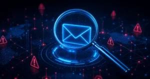 A digital magnifying glass hovering over a blue email icon with a network of red alerts in the background.