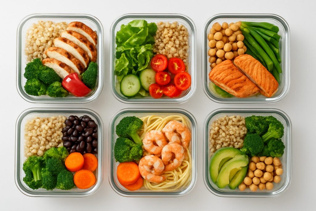 meal prep containers with a variety of healthy foods including chicken, salmon, shrimp, vegetables, and grains